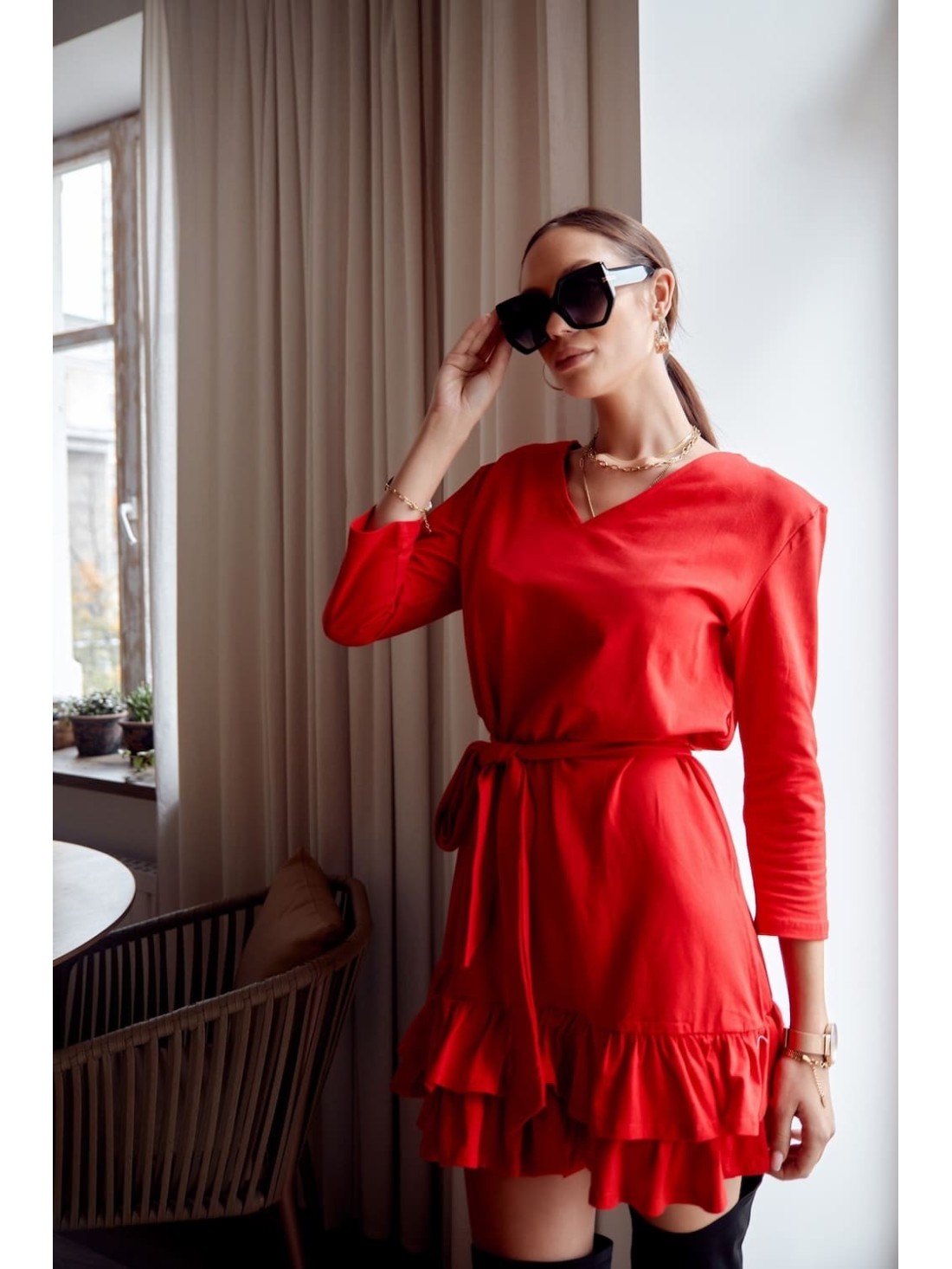 Smooth dress with ruffles and a belt, red FK614 - Online store - Boutique